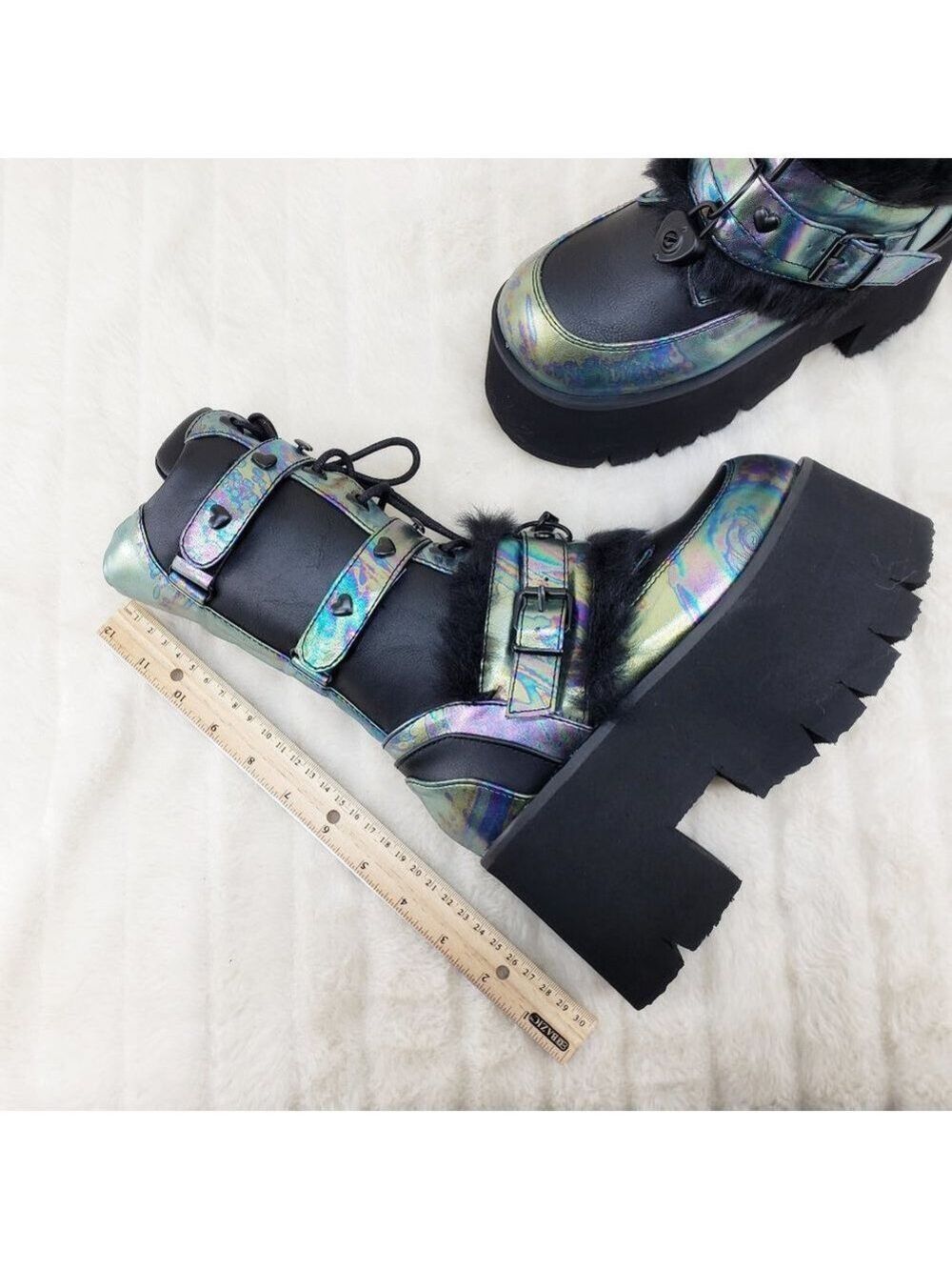 Ash Goth Punk Furry Mid Calf Platform Boots - Picture 11 of 15